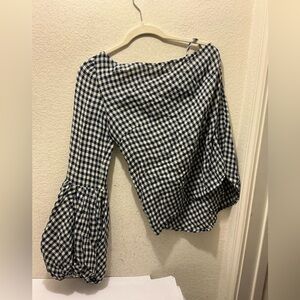 Noble 31 Women’s top one balloon sleeve plaid 100% linen size M